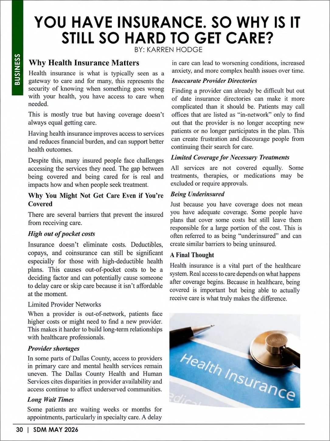 Article page from Southern Dallas Business & Living Magazine